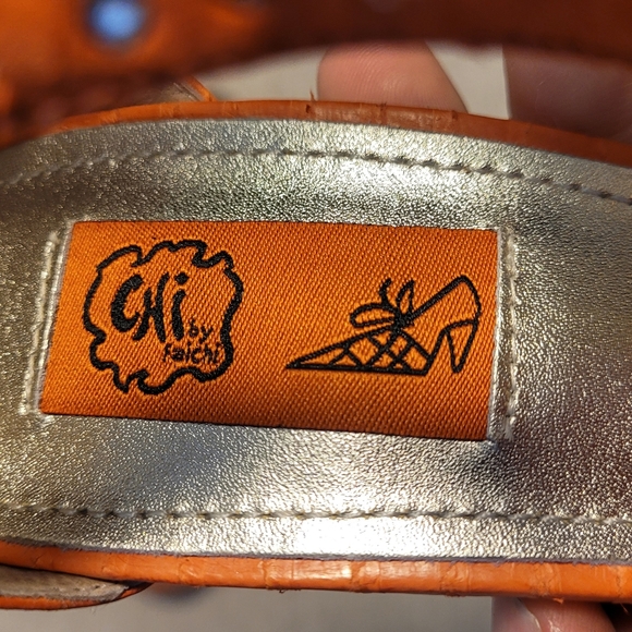 Size 8 Orange Leather and rhinestone 3.9 inch heel pumps. Chi By Faichi brand. - Picture 6 of 8